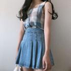 Sleeveless Plaid Top / Denim Mini Skirt