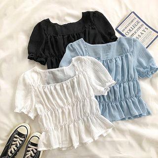 Plain Square-neck Frilled Short-sleeve Top