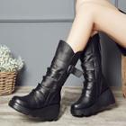 Genuine Leather Ruched Wedge Mid-calf Boots