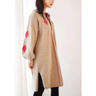 Lace-up Embroidered Wool Blend Knit Dress