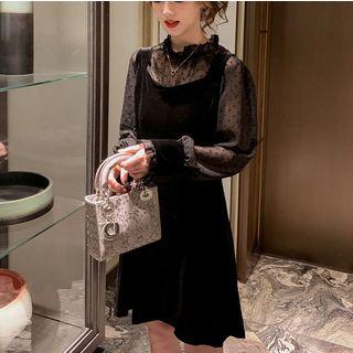 Set: Dotted Balloon-sleeve Chiffon Blouse + A-line Pinafore Dress