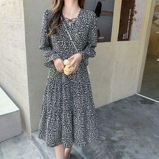 Long-sleeve Floral Lace-up A-line Chiffon Midi Dress