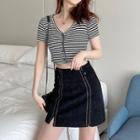 Striped Short-sleeve Button Cropped T-shirt