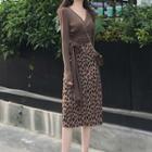Set: Tie-waist Long-sleeve T-shirt + Leopard Print Midi Straight-fit Skirt