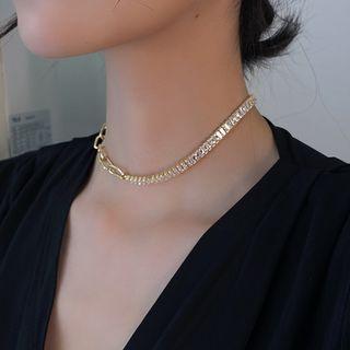 Rhinestone Chained Choker Zircon Necklace. - One Size