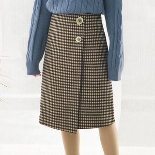 Asymmetric Buttoned Check A-line Skirt