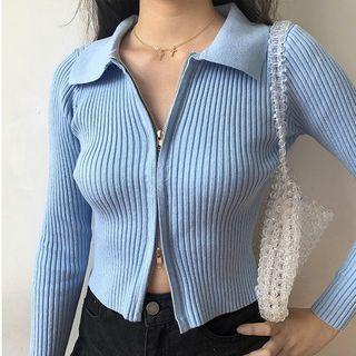 Long-sleeve Zip-up Ribbed Knit Top