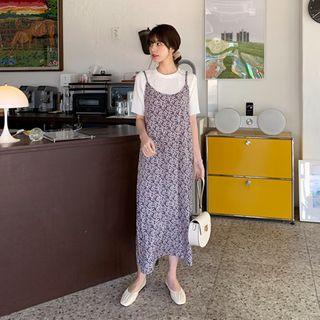 Spaghetti-strap Slit-side Long Floral Dress Navy Blue - One Size