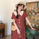 Contrast Collar Plaid Midi A-line Dress Plaid - Red & Khaki - One Size