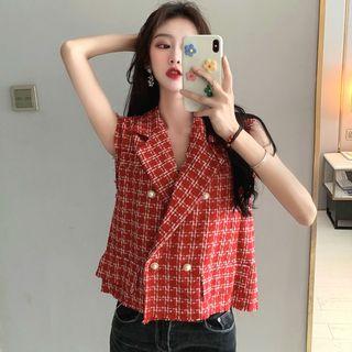 Plain Loose-fit Short-sleeve T-shirt / Tweed Check Vest