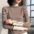 Turtleneck Buttoned Cuff Striped Sweater