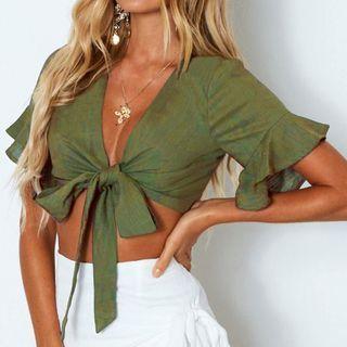 Tie-front Bell-sleeve Cropped Top