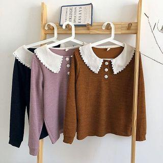 Color-block Peter-pan Collar Long-sleeve Knit Top