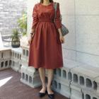 Round-neck Gathered-waist Dress Red - One Size