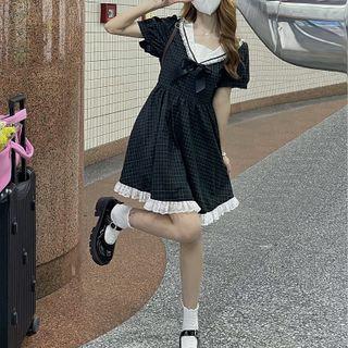 Short-sleeve Sailor Collar Plaid Lace Trim A-line Dress