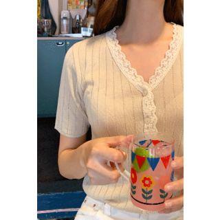 Lace-trim Short-sleeve Cardigan