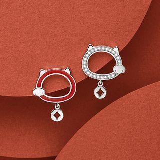 Cat Asymmetrical Alloy Dangle Earring 1 Pair - Red & Silver - One Size
