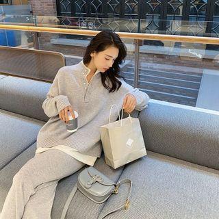 Stand-collar Knit Top With Knit Wide Leg Pants