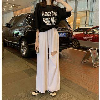 Elbow-sleeve Letter T-shirt / Wide-leg Pants
