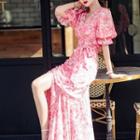 Set: Short-sleeve Floral Print Blouse + Midi Mermaid Skirt