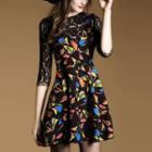 3/4-sleeve Lace Panel Mock Two-piece Dress