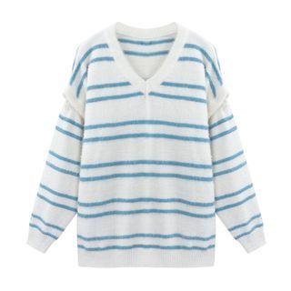 V-neck Striped Long-sleeve Sweater White & Blue - One Size