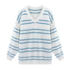 V-neck Striped Long-sleeve Sweater White & Blue - One Size
