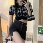 Short-sleeve Argyle Knit Crop Top / Denim Mini Pencil Skirt