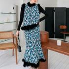 Fluffy Trim Floral Print Vest / Midi A-line Skirt