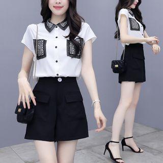 Set: Cap-sleeve Buttoned Chiffon Blouse + Shorts