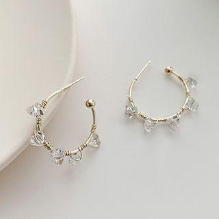 Crystal Bead Hoop Earring 1 Pair - S925 Silver Needle - Gold - One Size