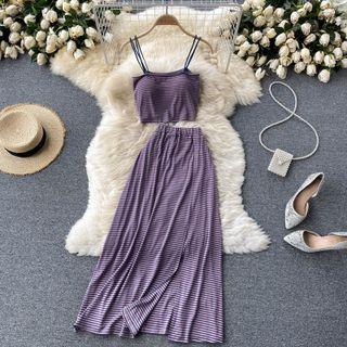 Set Of 2 : Striped Suspender Top + A-line Slit Maxi Skirt