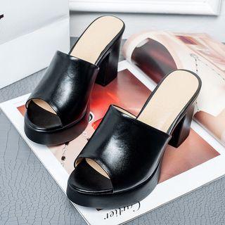 Genuine Leather Peep Toe Block Heel Platform Sandals