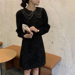 Long-sleeve Collared Rhinestone Glitter A-line Dress