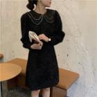 Long-sleeve Collared Rhinestone Glitter A-line Dress