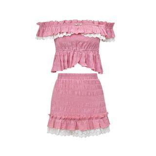 Short-sleeve Off-shoulder Ruffled Top / Mini A-line Skirt / Set