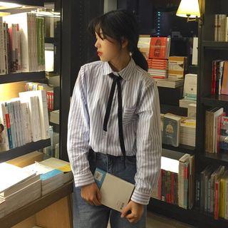 Ribbon Detail Striped Long-sleeve Shirt