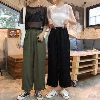 Embroidered Short Sleeve Sheer Top / Jogger Pants