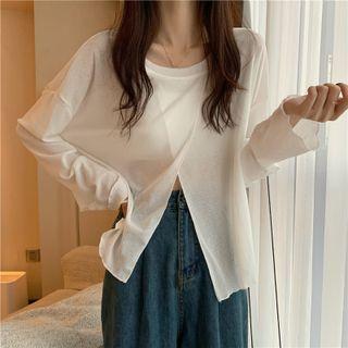 Round Neck Plain Slit Oversized Long Sleeve Top