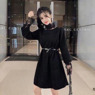 Set: Long-sleeve A-line Dress + Lace Top