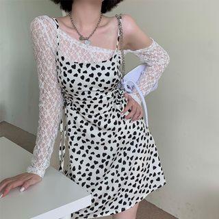 Long-sleeve Lace Top / Spaghetti Strap Heart Print A-line Dress