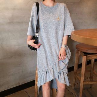 Elbow-sleeve Ruffle Trim T-shirt Dress