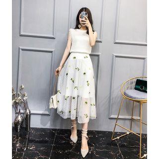 Set: Flower Embroidered Mesh Midi Skirt + Plain Tank Top