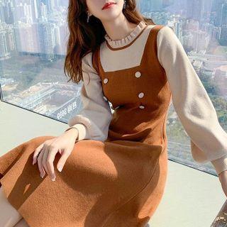 Lantern-sleeve Two-tone Knit Midi A-line Dress