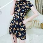 Floral Print Short-sleeve Drawstring Mini Qipao