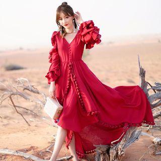 Fringed Trim Ruffle Cold Shoulder Maxi A-line Dress