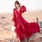 Fringed Trim Ruffle Cold Shoulder Maxi A-line Dress