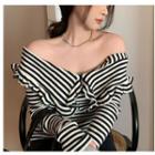 Long-sleeve Off-shoulder Striped Ruffled Knit Top Top - Stripe - Black & White - One Size