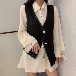 Set: Long-sleeve Shirt Dress + Vest