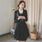 Contrast-trim A-line Jacket With Faux-pearl Trim Belt
